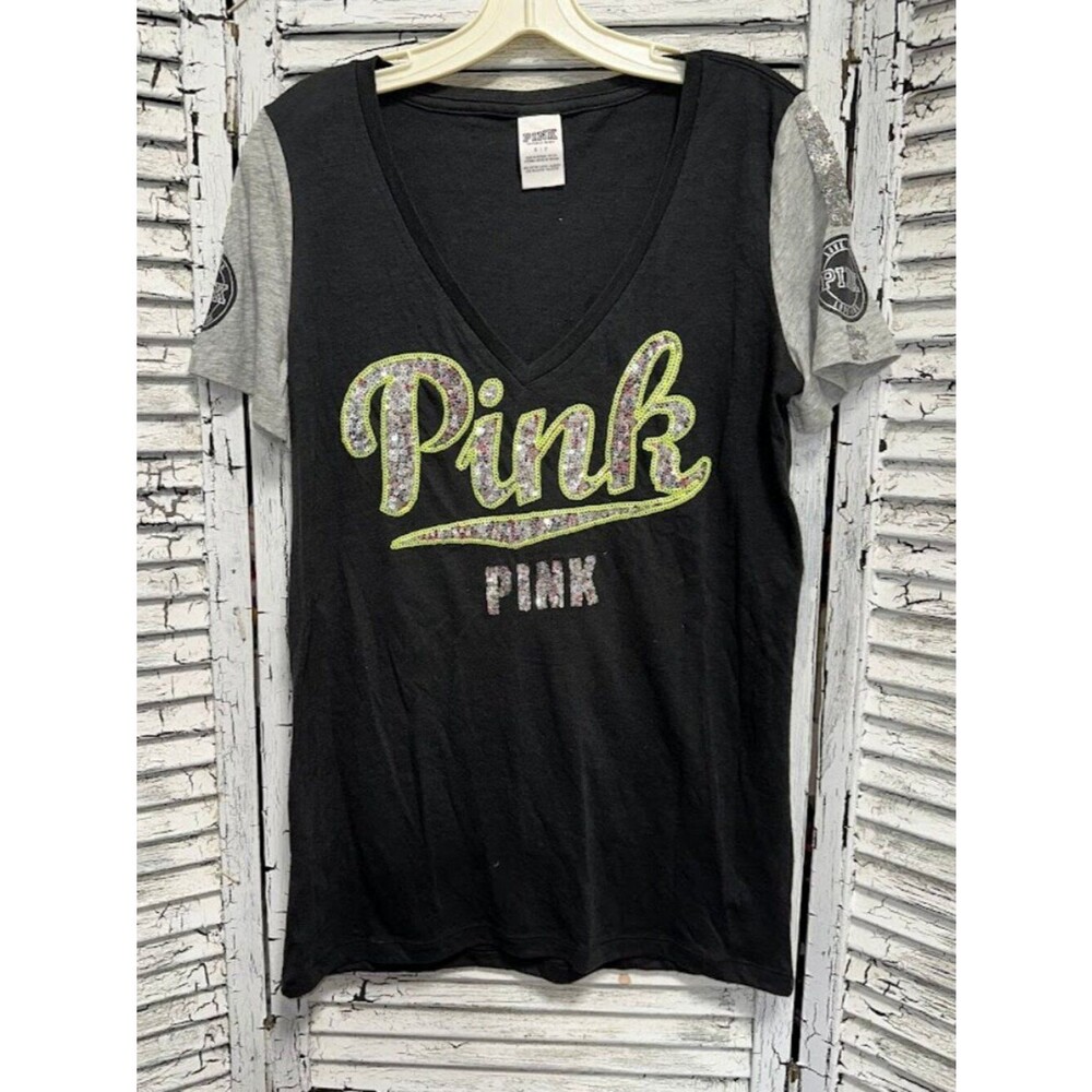 Women's Black Victoria's Secret Pink Sequin V Neck Shirt Size Small